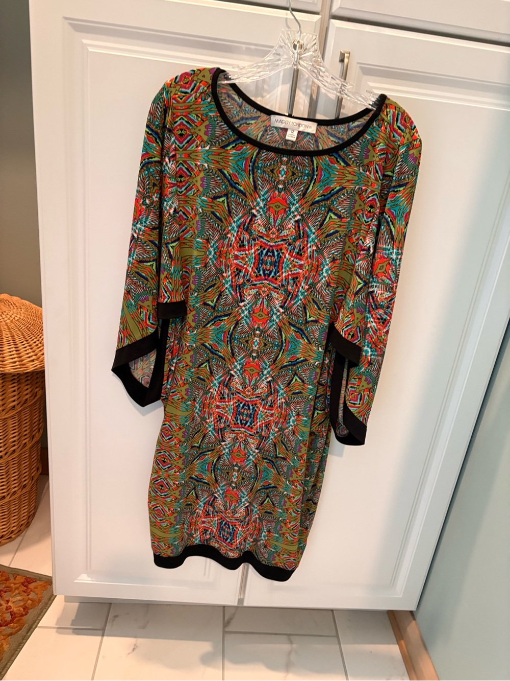Printed Multicolor Shift Dress with Black Trim